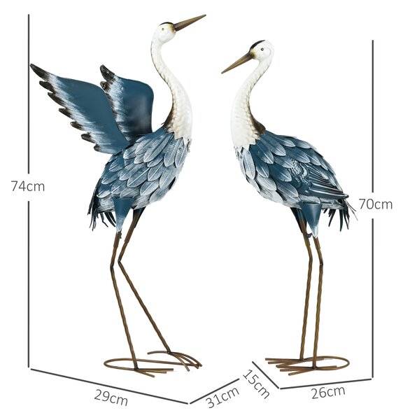 Outsunny Heron Garden Statues, Standing Garden Ornament, Metal Garden Gift with Stakes, Blue & White