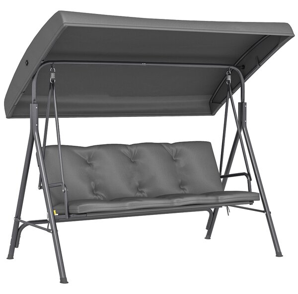 Outsunny 3 Seater Garden Swing Chair, Patio Rocking Bench with Tilting Canopy, Removable Cushion and Steel Frame, Dark Grey
