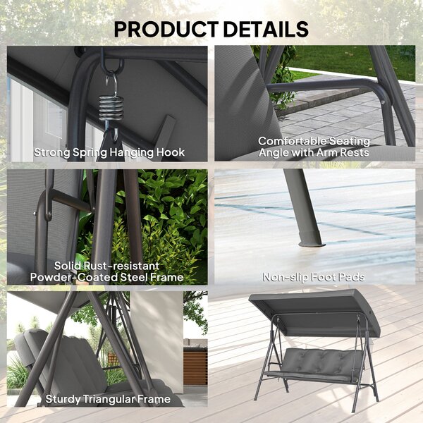 Outsunny 3 Seater Garden Swing Chair, Patio Rocking Bench with Tilting Canopy, Removable Cushion and Steel Frame, Dark Grey