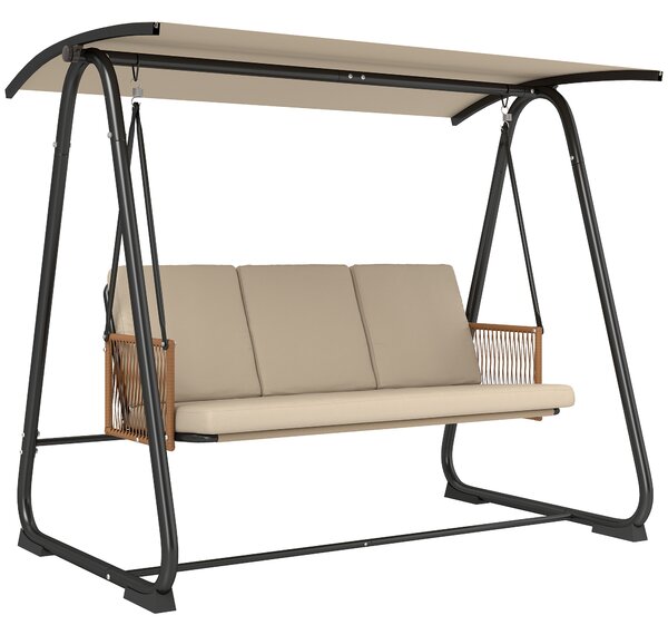Outsunny 3 Seater Swing Chair with Adjustable Canopy, 360 kg Garden Swing Seat Outdoor Hammock Bench with Cushions, Sand Brown