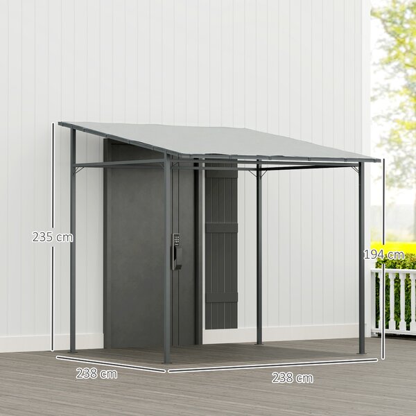 Outsunny 2.4 x 2.4 m Wall Mounted Pergola Gazebo with PA Coating Fabric, Metal Frame, UPF30+, Lean to Garden Gazebo, Light Grey