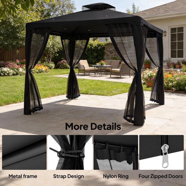 Outsunny 3 x 3 m Metal Gazebo, Garden Pavillion, Double Roof Outdoor Canopy Shelter with Mesh Sidewalls, Black