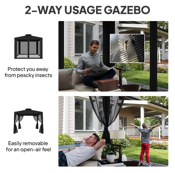 Outsunny 3 x 3 m Metal Gazebo, Garden Pavillion, Double Roof Outdoor Canopy Shelter with Mesh Sidewalls, Black