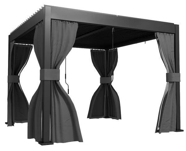 Outsunny 3 x 3 m Louvered Pergola with Adjustable Metal Louvred Roof, Aluminium Patio Gazebo with Netting and Curtains, Dark Grey