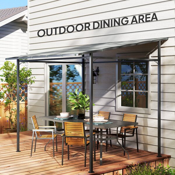 Outsunny 2.4 x 2.4 m Wall Mounted Pergola Gazebo with PA Coating Fabric, Metal Frame, UPF30+, Lean to Garden Gazebo, Light Grey