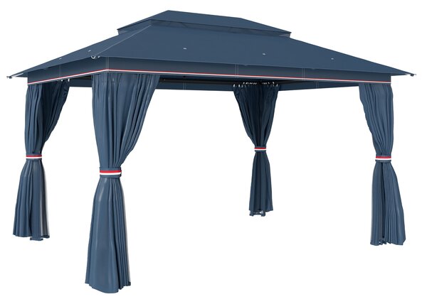 Outsunny 3 x 4 m Outdoor Garden Gazebo with Netting and Curtains, UPF50+ Patio Gazebo Permanent Pavilion Canopy, Dark Blue