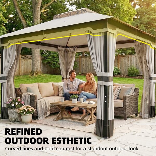 Outsunny 3 x 3.6 m Outdoor Garden Gazebo with Netting and Curtains, Double Roof Patio Gazebo Permanent Pavilion, Light Grey