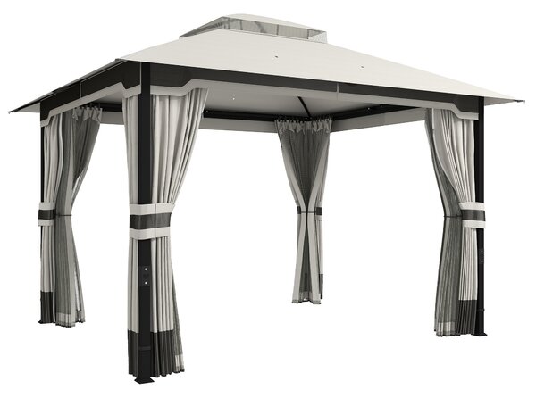 Outsunny 3 x 3.6 m Outdoor Garden Gazebo with Netting and Curtains, Double Roof Patio Gazebo Permanent Pavilion, Light Grey