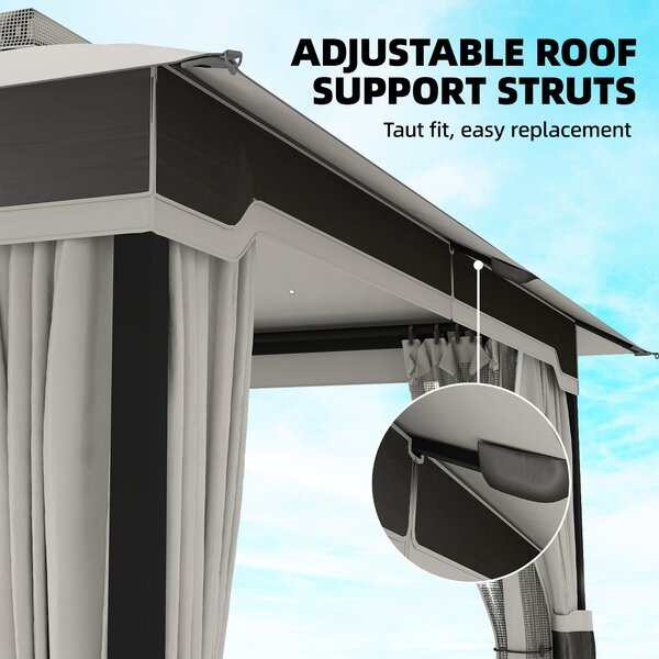 Outsunny 3 x 3.6 m Outdoor Garden Gazebo with Netting and Curtains, Double Roof Patio Gazebo Permanent Pavilion, Light Grey