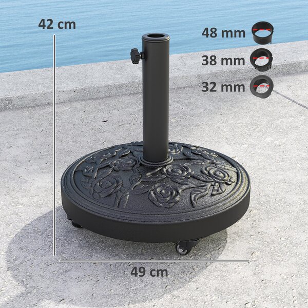 Outsunny Parasol Base, Umbrella Base with Wheels Cast Iron Effect, for Umbrella, Canopy, Weather Resistant, Black