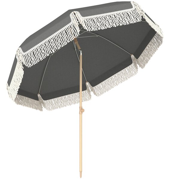 Outsunny 1.7 m Beach Umbrella with Sand Anchor, 30° Tilting Fringed Beach Garden Parasol with Adjustable Height, Grey