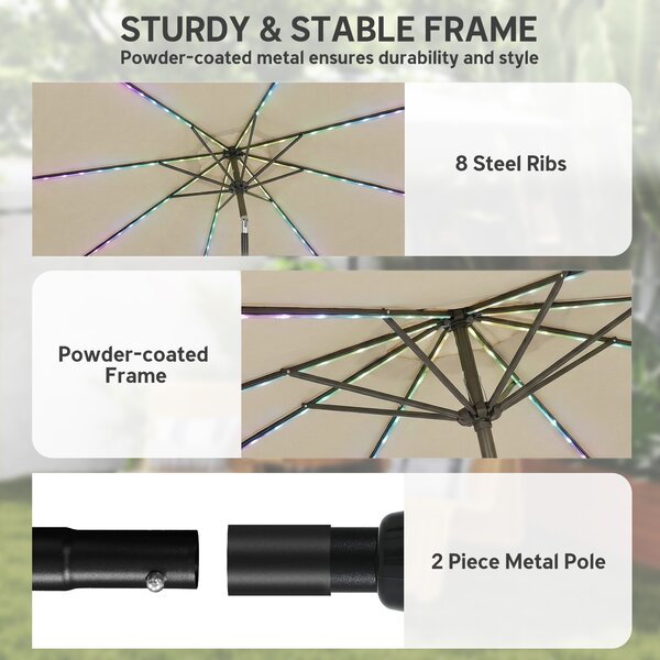 Outsunny 3 m Garden Parasol Umbrella with 112 Solar Powered LED Lights, Patio Umbrella with Crank Handle, Beige