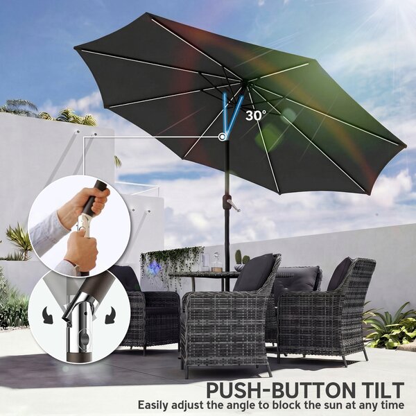 Outsunny 3 m Garden Parasol Umbrella with 112 Solar Powered LED Lights, Patio Umbrella with Crank Handle, Black