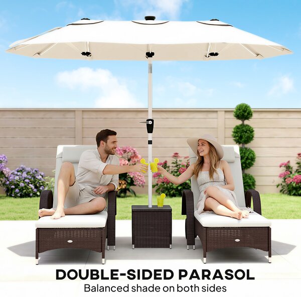 Outsunny 3 m Double-Sided Garden Parasol with LED Solar Lights, Outdoor Extra Large Sun Umbrella with Crank Handle, Cream White