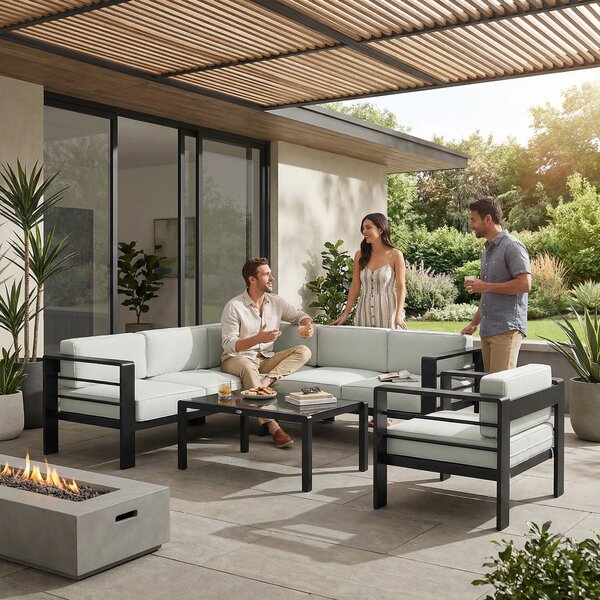 Outsunny 5-Piece Garden Corner Sofa Set with Cushions, 6 Seater Aluminium Garden Furniture Set with Coffee Table, Light Grey