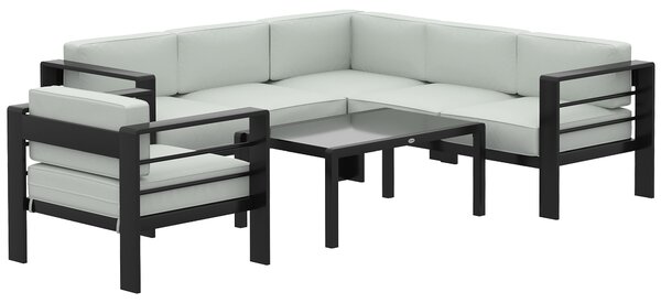 Outsunny 5-Piece Garden Corner Sofa Set with Cushions, 6 Seater Aluminium Garden Furniture Set with Coffee Table, Light Grey