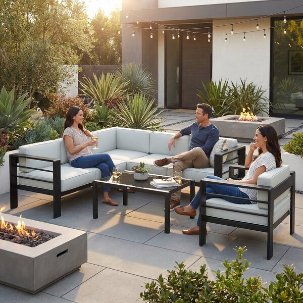 Outsunny 5-Piece Garden Corner Sofa Set with Cushions, 6 Seater Aluminium Garden Furniture Set with Coffee Table, Light Grey