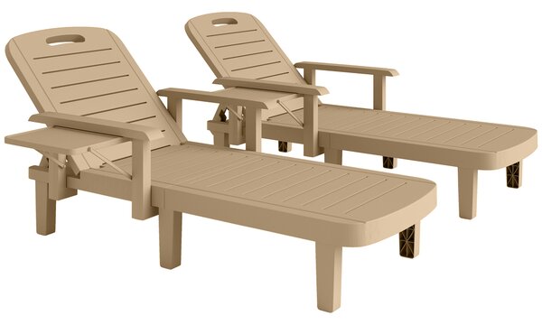 Outsunny Set of 2 Reclining Sun Loungers, 5 Positions Adjustable Outdoor Chaise Lounge Chair with Armrests, Khaki