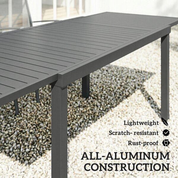 Outsunny Extending Garden Table for 6-8 People, Full Aluminium Outdoor Dining Table with Slatted Top, Dark Grey