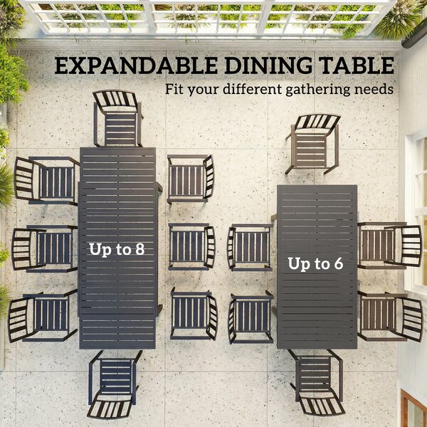 Outsunny Extending Garden Table for 6-8 People, Full Aluminium Outdoor Dining Table with Slatted Top, Dark Grey