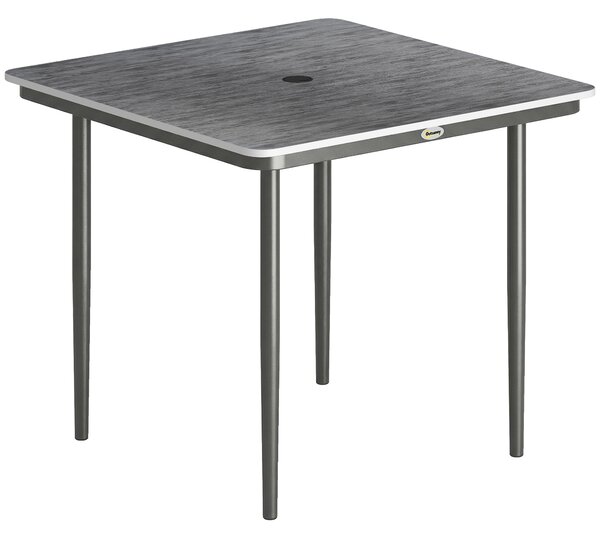 Outsunny Garden Dining Table for 4, 85 cm Square Outdoor Table with Umbrella Hole, Faux Wood Top, Metal Legs, Dark Grey