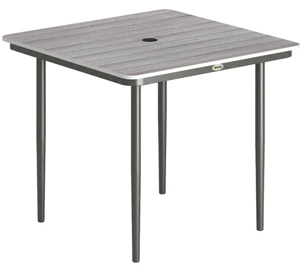 Outsunny Garden Dining Table for 4, 85 cm Square Outdoor Table with Umbrella Hole, Faux Wood Top, Metal Legs, Light Grey