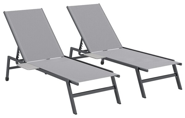 Outsunny Sun Loungers Set of 2 with Side Tray Table, Garden Recliners with 5-Position Adjustable Backrest, 2 Wheels, Grey