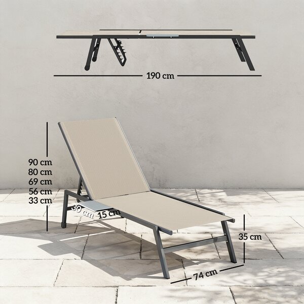 Outsunny Sun Loungers Set of 2 with Side Tray Table, Garden Recliners with 5-Position Adjustable Backrest, 2 Wheels, Khaki