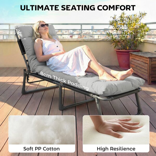 Outsunny Sun Lounger Cushions Only, Garden Lounge Chair Cushions Set of 2, Sunbed Replacement Pads with 4 Ties, Light Grey
