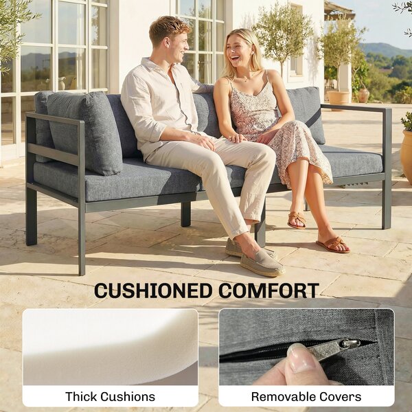 Outsunny 3 Pieces Garden Furniture Set, Aluminium Corner Lounge Set with Adjustable Backrest and Coffee Table