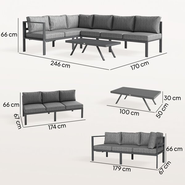 Outsunny 3 Pieces Garden Furniture Set, Aluminium Corner Lounge Set with Adjustable Backrest and Coffee Table