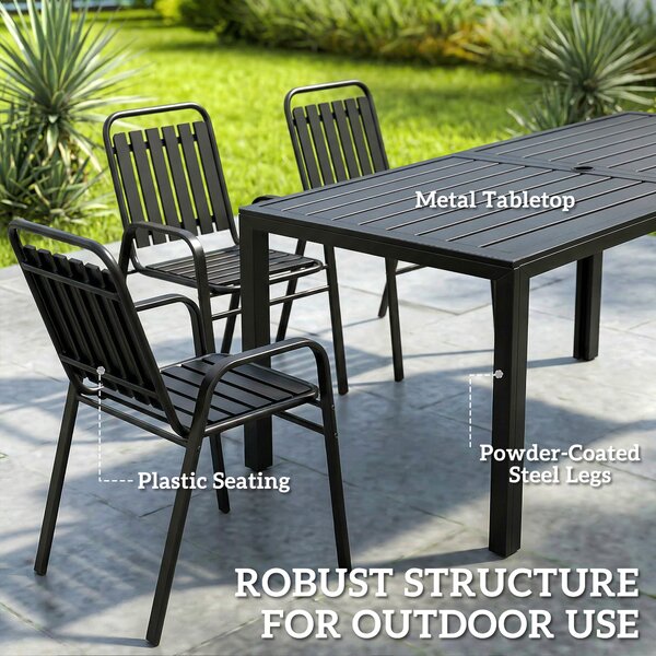 Outsunny 7 Pieces Outdoor Dining Set with Umbrella Hole, Garden Table and Chairs Set for 6 with Metal Table and Stackable Chairs