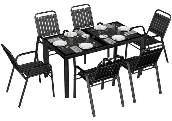 Outsunny 7 Pieces Outdoor Dining Set with Umbrella Hole, Garden Table and Chairs Set for 6 with Metal Table and Stackable Chairs
