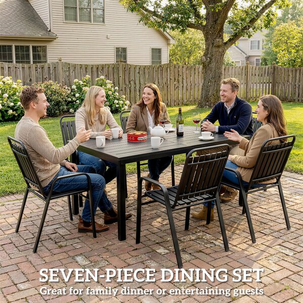 Outsunny 7 Pieces Outdoor Dining Set with Umbrella Hole, Garden Table and Chairs Set for 6 with Metal Table and Stackable Chairs