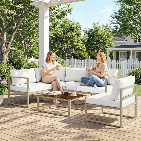 Outsunny 6 Seater Aluminium Garden Furniture Set, Garden Sofa Set with Thick Cushions for Patio and Balcony, Outdoor, White