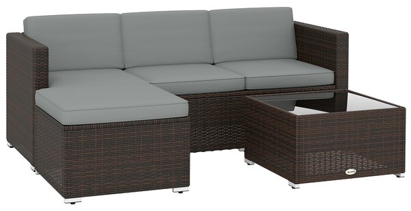 Outsunny 3 Pieces Garden Furniture Set w/ Cushions, PE Rattan Wicker Conversation Corner Sofa Set, Light Grey