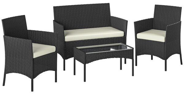Outsunny 4 Piece Rattan Garden Furniture Sofa Set with Loveseat, Armchairs, Glass-Top Coffee Table and Cushions, Cream White