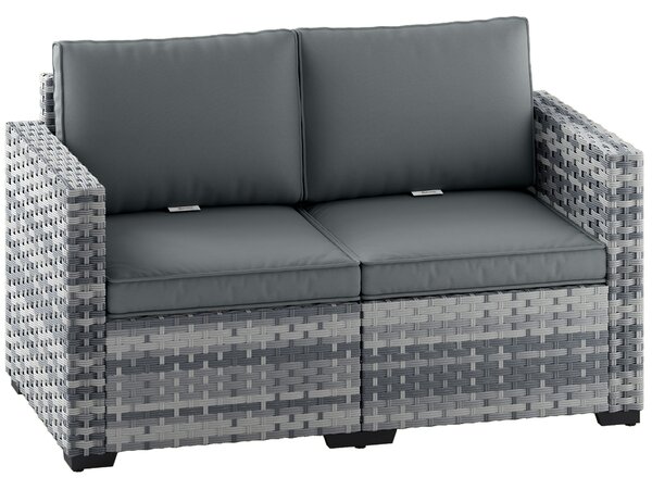Outsunny 2 Seater Rattan Sofa, Outdoor Garden Sofa with Deep Seat, Cushions, Wide Armrests for Patio, Balcony, Porch, Mixed Grey