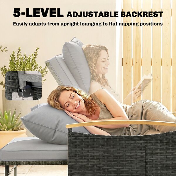 Outsunny Double Garden Rattan Daybed, Wicker Sun Bed Chaise Lounger with Storage Ottoman, 4-Level Adjustable Backrest, Dark Grey