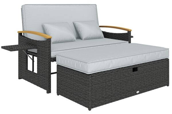 Outsunny Double Garden Rattan Daybed, Wicker Sun Bed Chaise Lounger with Storage Ottoman, 4-Level Adjustable Backrest, Dark Grey