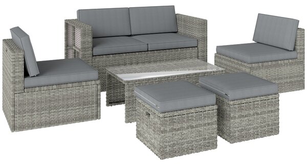 Outsunny 6 Piece Rattan Garden Furniture Set, Nesting Patio Conversation Set with Loveseat, Chairs, Table, Footstools, Dark Grey