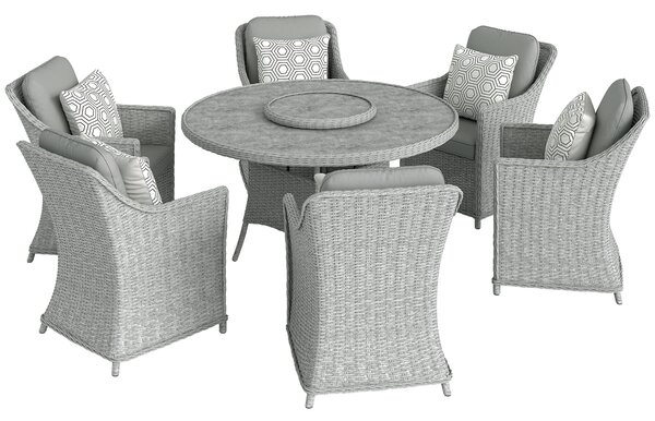 Outsunny Rattan Garden Dining Set with Lazy Susan, Marble Effect Glass Round Garden Table and Chairs with Aluminium Frame, Grey