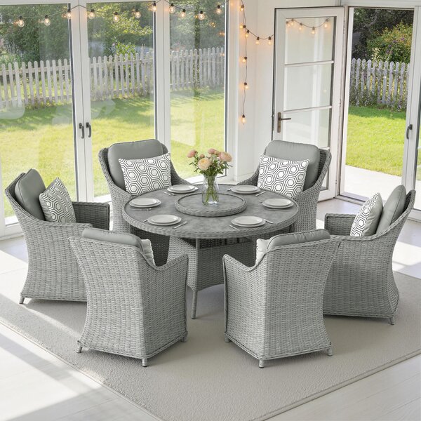 Outsunny Rattan Garden Dining Set with Lazy Susan, Marble Effect Glass Round Garden Table and Chairs with Aluminium Frame, Grey