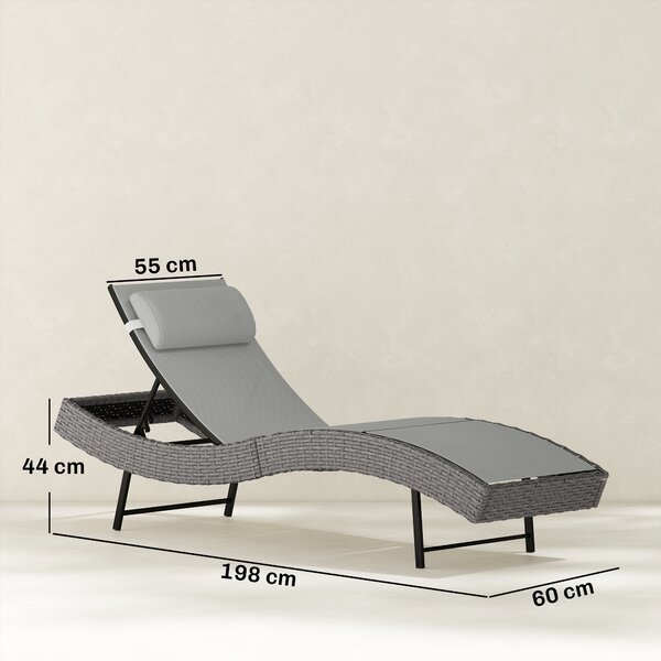 Outsunny Rattan Sun Lounger, Garden Recliner with 5 Position Adjustable Back, S Shaped Texteline Seat, Headrest, Light Grey