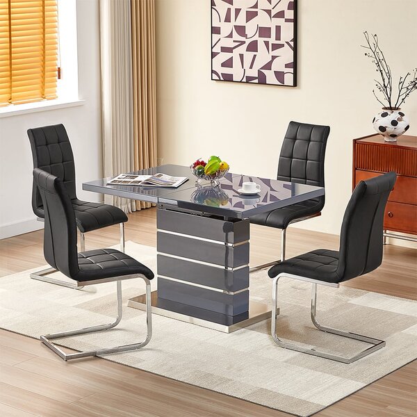Parini Extending Grey High Gloss Dining Table 4 Paris Black Chairs