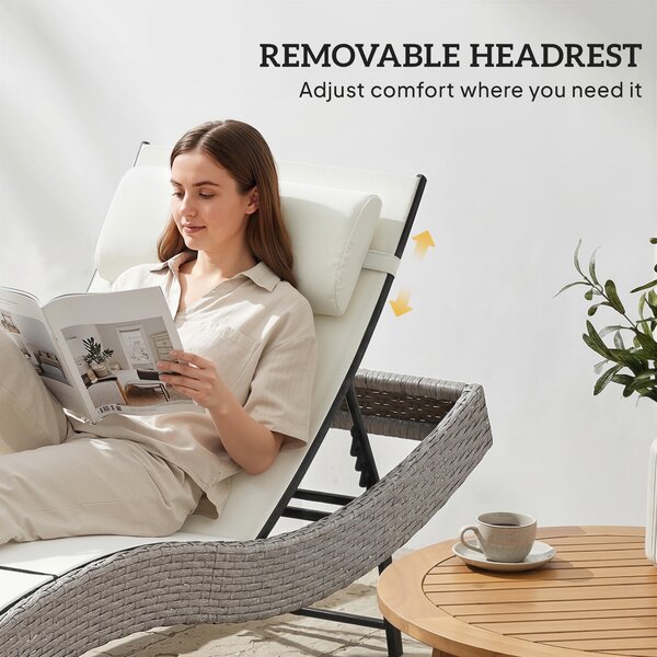 Outsunny Rattan Sun Lounger, Garden Recliner with 5 Position Adjustable Back, S Shaped Texteline Seat, Headrest, Cream White
