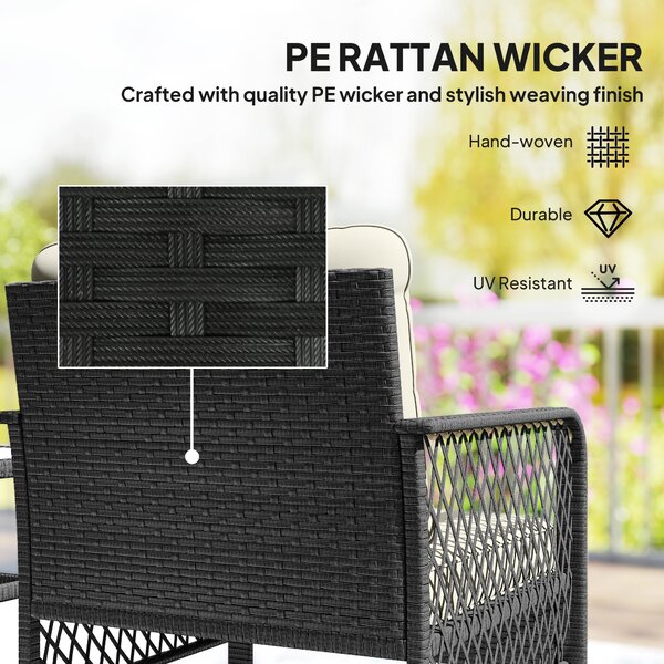 Outsunny 3 Pieces Rattan Bistro Set with Glass Top Coffee Table, Chairs and Cushions for Outdoor, Patio, Balcony, Cream