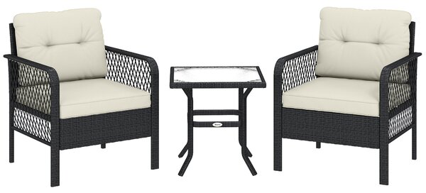 Outsunny 3 Pieces Rattan Bistro Set with Glass Top Coffee Table, Chairs and Cushions for Outdoor, Patio, Balcony, Cream