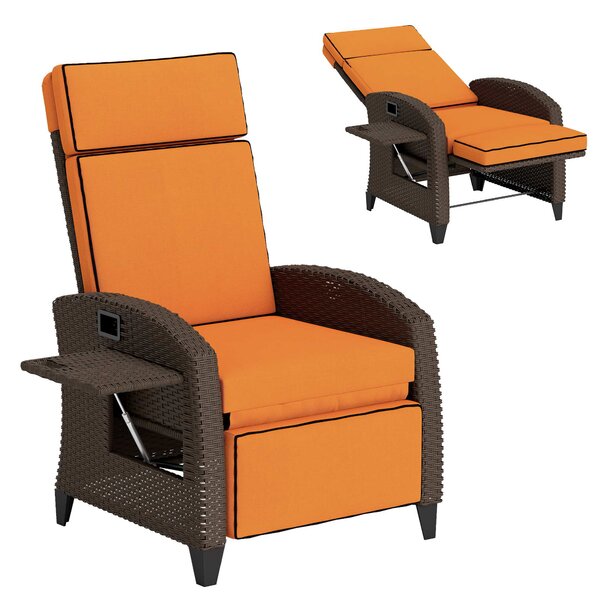 Outsunny Garden Recliner with Cushion, Outdoor Recliner Chair with Adjustable Backrest & Footrest, Side Tray, Orange