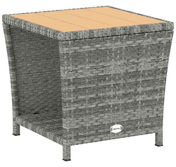Outsunny Side Table 2-Tier Outdoor Coffee Table with Storage Shelf PS Wood Slat Top/Light Grey